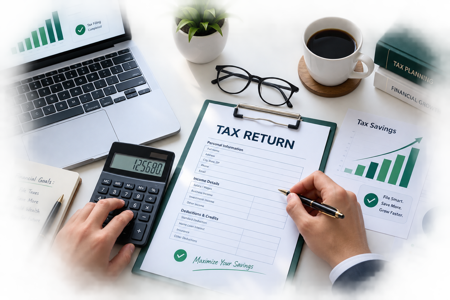 Accountant completing a US tax return with calculator, laptop and savings charts